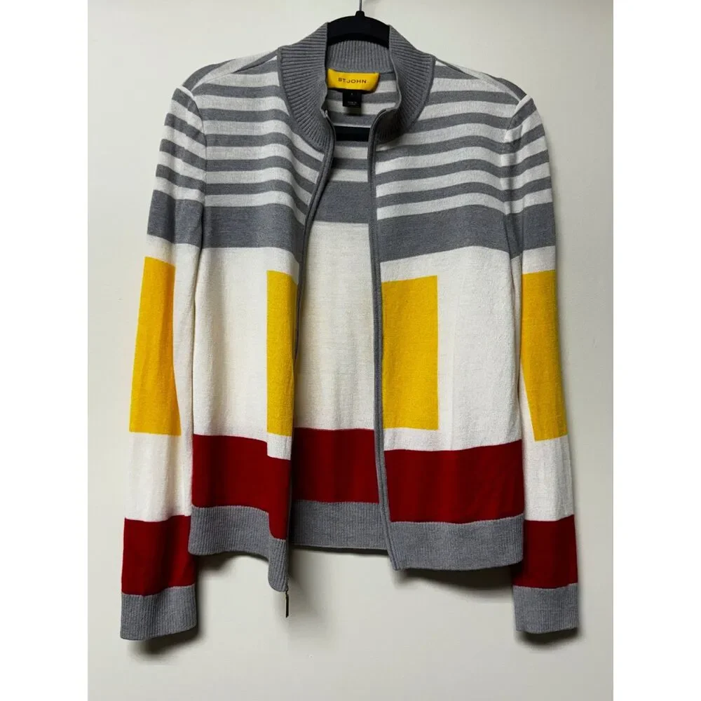 VINTAGE - ST. JOHN Nautical Mock Neck Zip Front Merino Wool Blend Sweater, S